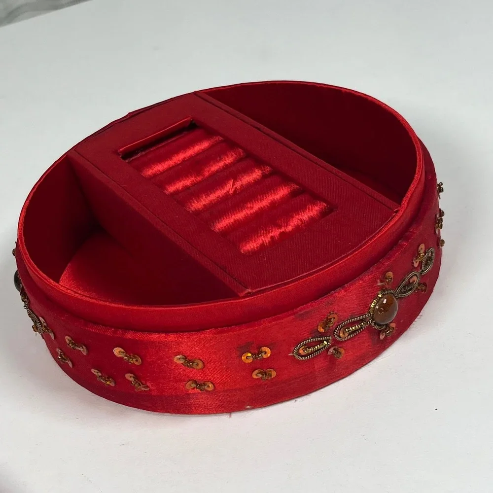 Jewelry Box Red Women Beaded Satin Round Mirror Cross 6.25 in DIA x 2.75 in H